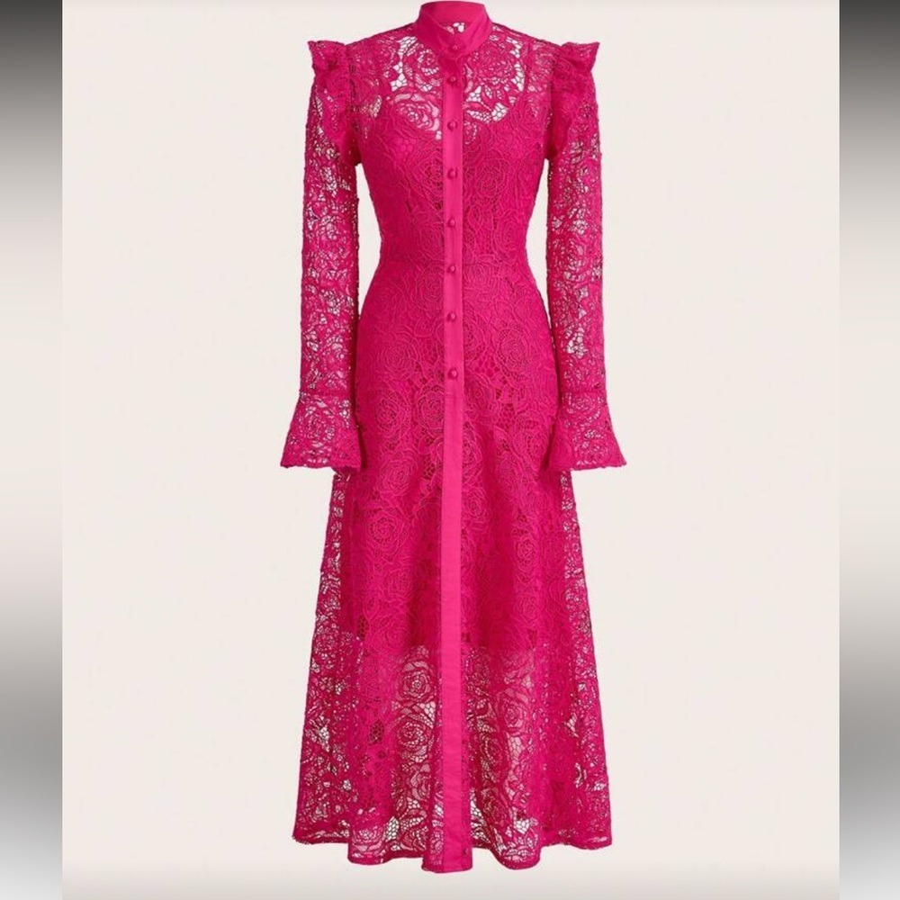 Anastasia Pink Floral Lace Long Dress Button Front Bell Sleeve Ruffle Shoulder S